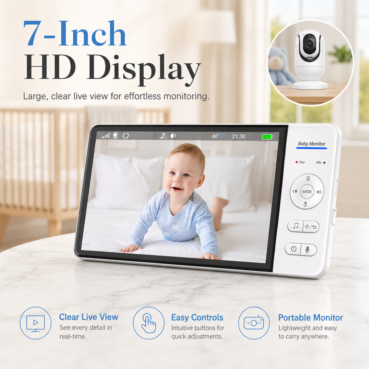 Monitor de Bebé de 7 Pulgadas (Cámara Giratoria y Sensor de Temperatura)
