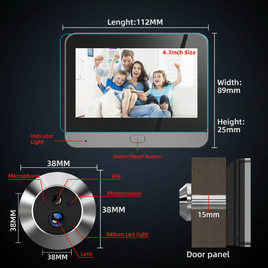 Mirilla Digital WiFi Tuya • Ángulo 140° y Detección de Movimiento PIR (Alexa)